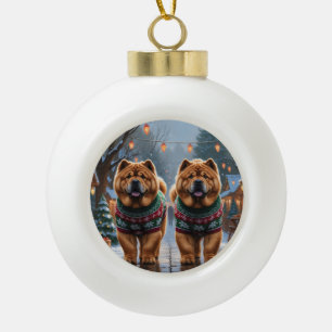 Chow Chow Hunde Weihnachten Schnee Urlaub  Keramik Kugel-Ornament