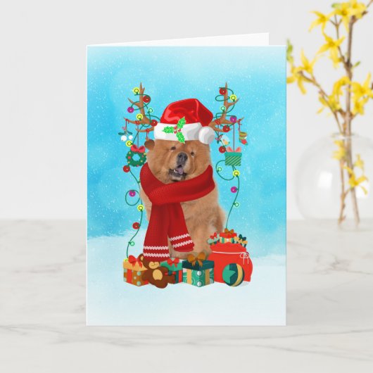 Chow Chow im Schnee mit Weihnachtsgeschenke Karte (Gelbe Blume)