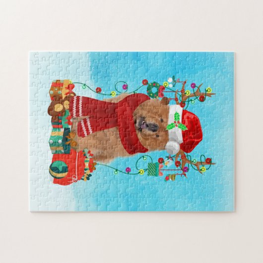 Chow Chow im Schnee mit Weihnachtsgeschenke Puzzle (Horizontal)