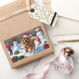 Chow Chow läuft im Schnee mit Weihnachtshut Rechteckiger Aufkleber