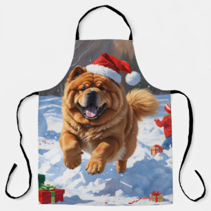 Chow Chow läuft im Schnee mit Weihnachtshut Schürze
