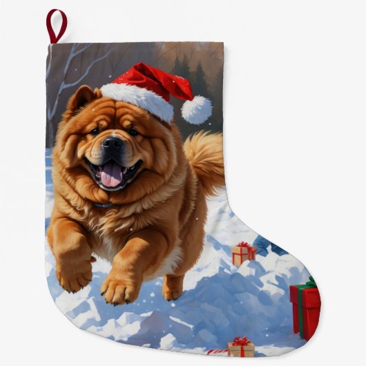 Chow Chow läuft im Schnee mit Weihnachtsmütze Großer Weihnachtsstrumpf (Vorderseite)