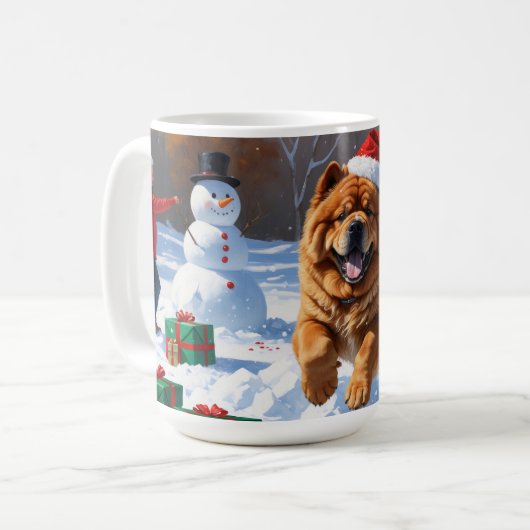 Chow Chow läuft im Schnee mit Weihnachtsmütze Kaffeetasse (Vorderseite Links)