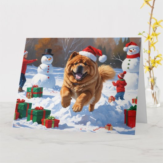 Chow Chow läuft im Schnee mit Weihnachtsmütze Karte (Gelbe Blume)