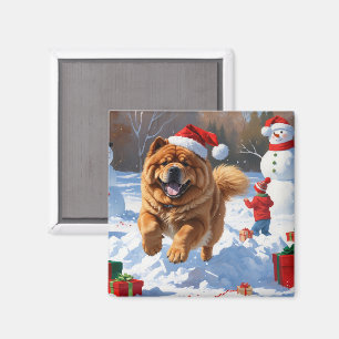 Chow Chow läuft im Schnee mit Weihnachtsmütze Magnet