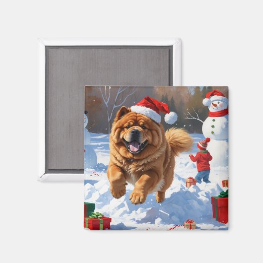 Chow Chow läuft im Schnee mit Weihnachtsmütze Magnet (Vorderseite/Rückseite)