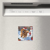 Chow Chow läuft im Schnee mit Weihnachtsmütze Magnet (In Situ (Geschirrspüler))