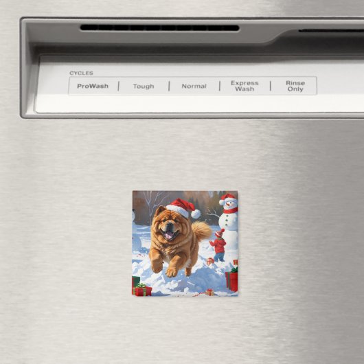 Chow Chow läuft im Schnee mit Weihnachtsmütze Magnet (In Situ (Geschirrspüler))