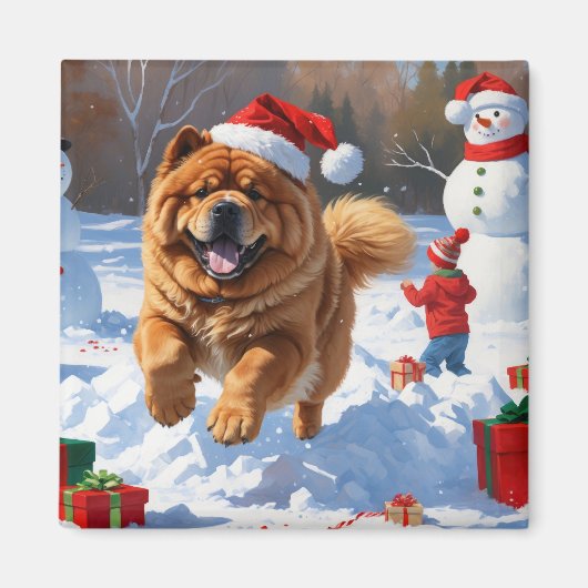 Chow Chow läuft im Schnee mit Weihnachtsmütze Magnet (Vorne)
