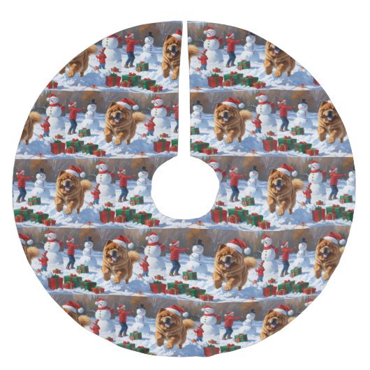 Chow Chow läuft im Schnee mit Weihnachtsmütze Polyester Weihnachtsbaumdecke (Vorderseite)
