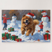 Chow Chow läuft im Schnee mit Weihnachtsmütze Puzzle (Horizontal)