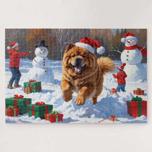 Chow Chow läuft im Schnee mit Weihnachtsmütze Puzzle (Horizontal)