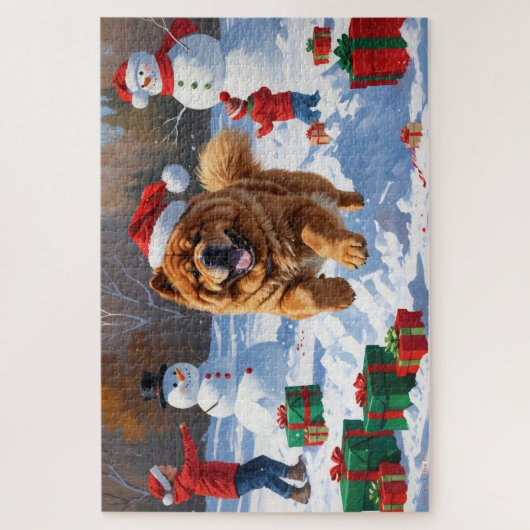 Chow Chow läuft im Schnee mit Weihnachtsmütze Puzzle (Vertikal)