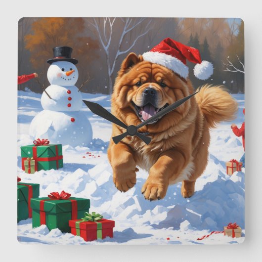 Chow Chow läuft im Schnee mit Weihnachtsmütze Quadratische Wanduhr (Vorderseite)