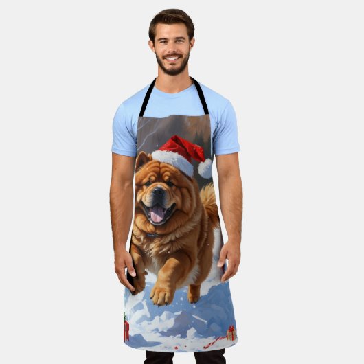 Chow Chow läuft im Schnee mit Weihnachtsmütze Schürze (Getragen)