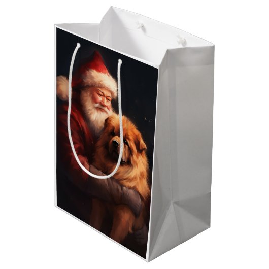 Chow Chow mit dem Weihnachtsmann Weihnachten Mittlere Geschenktüte (Rückseite Schrägansicht)