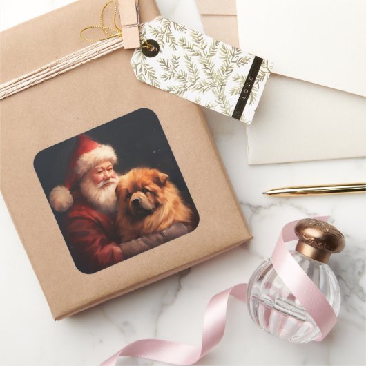 Chow Chow mit dem Weihnachtsmann Weihnachten Quadratischer Aufkleber (Schenken)