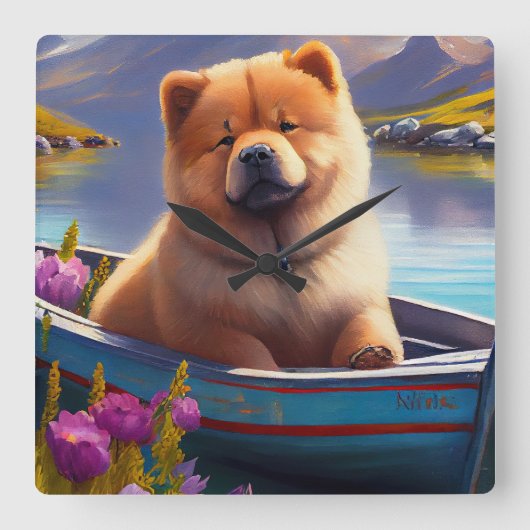 Chow Chow on a Paddle: Ein Landschaftliches Abente Quadratische Wanduhr (Vorderseite)