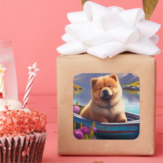 Chow Chow on a Paddle: Ein Landschaftliches Abente Quadratischer Aufkleber (Party)