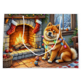 Chow Chow Sitting Fireplace with Christmas Lights Große Geschenktüte (Vorderseite)