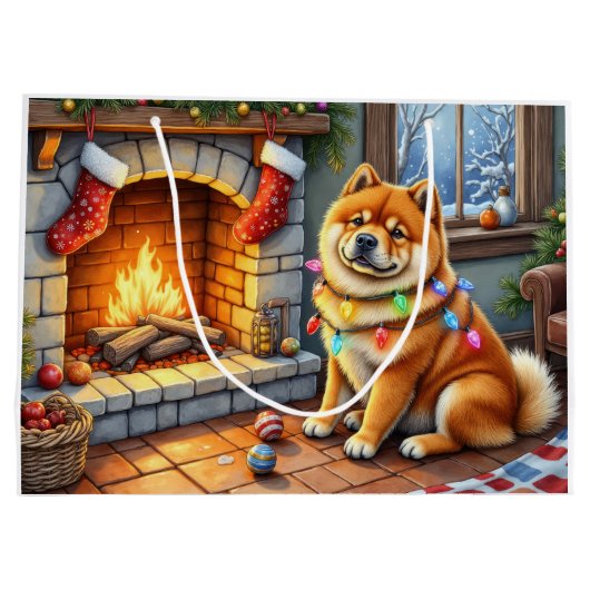 Chow Chow Sitting Fireplace with Christmas Lights Große Geschenktüte (Rückseite)