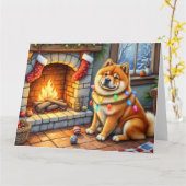 Chow Chow Sitting Fireplace with Christmas Lights Karte (Gelbe Blume)