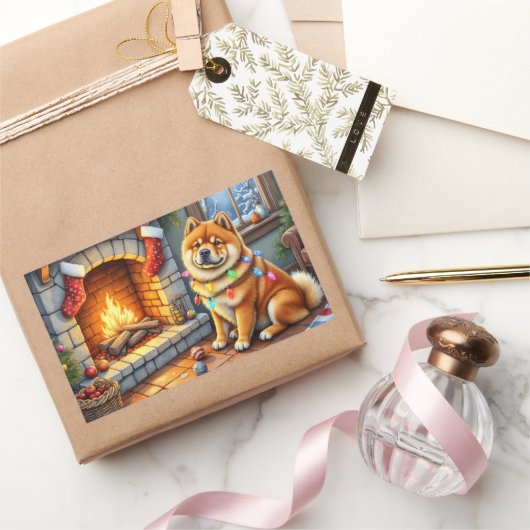 Chow Chow Sitting Fireplace with Christmas Lights Rechteckiger Aufkleber (Schenken)