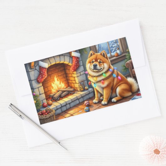 Chow Chow Sitting Fireplace with Christmas Lights Rechteckiger Aufkleber (Umschlag)