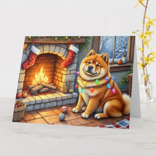 Chow Chow sitzt vor dem Kamin mit Weihnachtslichte Karte (Gelbe Blume)