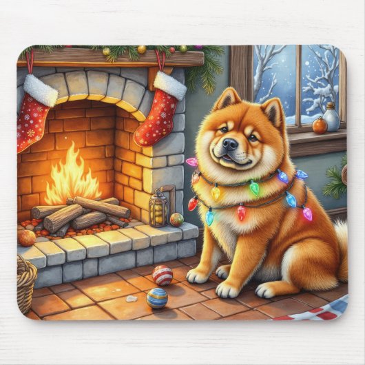 Chow Chow sitzt vor dem Kamin mit Weihnachtslichte Mousepad (Vorne)