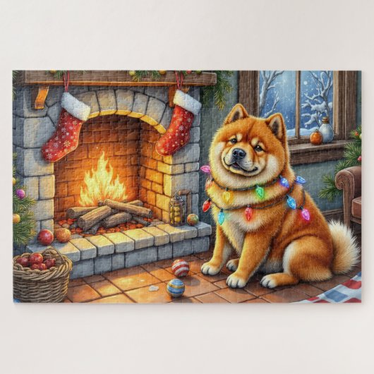 Chow Chow sitzt vor dem Kamin mit Weihnachtslichte Puzzle (Horizontal)