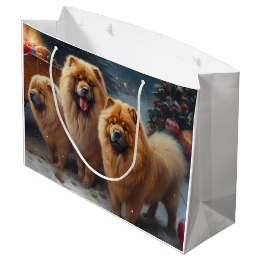 Chow Chow Snowy Sleigh Weihnachtsdekor Große Geschenktüte (Rückseite Schrägansicht)