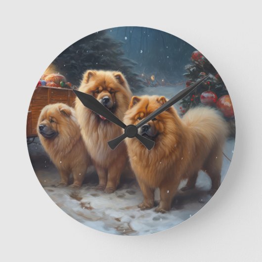Chow Chow Snowy Sleigh Weihnachtsdekor Runde Wanduhr (Vorderseite)