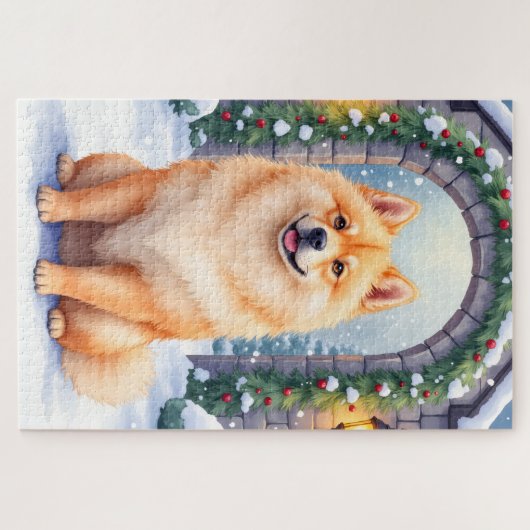 Chow Chow Snowy Stone Courtyard Christmas Art Puzzle (Horizontal)