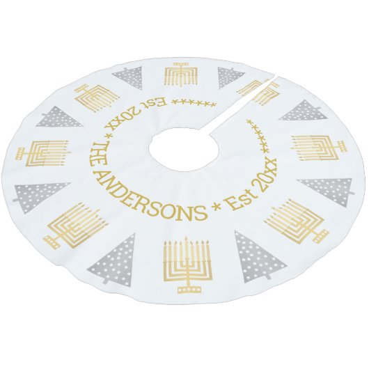 Chrismukah Gold Menorahs Silberbaume Urlaub Polyester Weihnachtsbaumdecke (Schrägansicht)