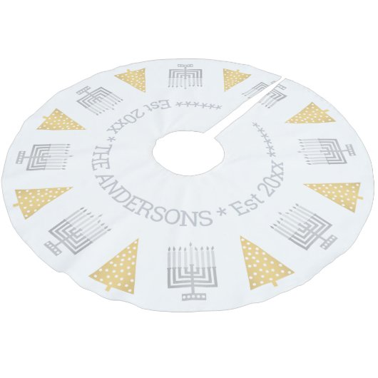 Chrismukka Silver Menorahs Gold Treppen Urlaub Polyester Weihnachtsbaumdecke (Schrägansicht)