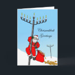Chrismukkah, Feiertag zwischen Glaubensrichtungen, Feiertagskarte<br><div class="desc">Chrismukkah Grüße! Ein Weihnachtsmann klettert oben ein menorah in Form eines hellen Pfostens/einer Straßenbeleuchtung. Seine Geschenktasche wird mit gelt und dreidels gefüllt. Etwas von dem gelt ist heraus auf den Schnee gefallen. Feiern Sie Chanukka und Weihnachten mit dieser Grußkarte zwischen Glaubensrichtungen. Sankt-Elementhöflichkeit von JohnnyAutomatic/Openclipart. Bild und Vers schützen © Shoaff...</div>