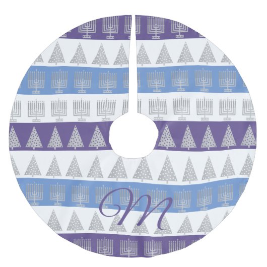 Chrismukkah silberne Streifen-optionales Monogramm Polyester Weihnachtsbaumdecke (Vorderseite)