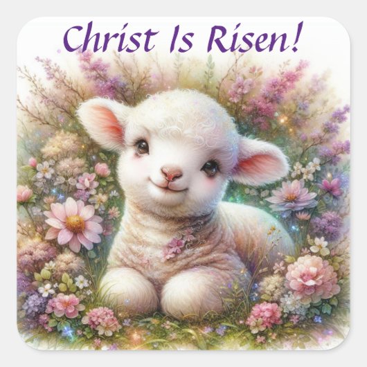 Christ ist Rised Watercolor Oaster Lamb Blume Quadratischer Aufkleber (Vorderseite)