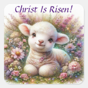 Christ ist Rised Watercolor Oaster Lamb Blume Quadratischer Aufkleber