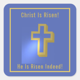 Christ ist Risen Blue Gold Religious Cross Oster Quadratischer Aufkleber