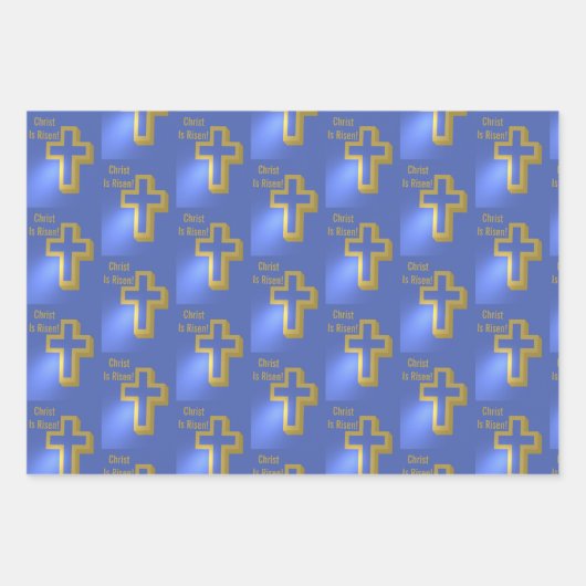 Christ ist Risen Pattern Gold Cross Blue Urlaub Geschenkpapier Set (Vorderseite)