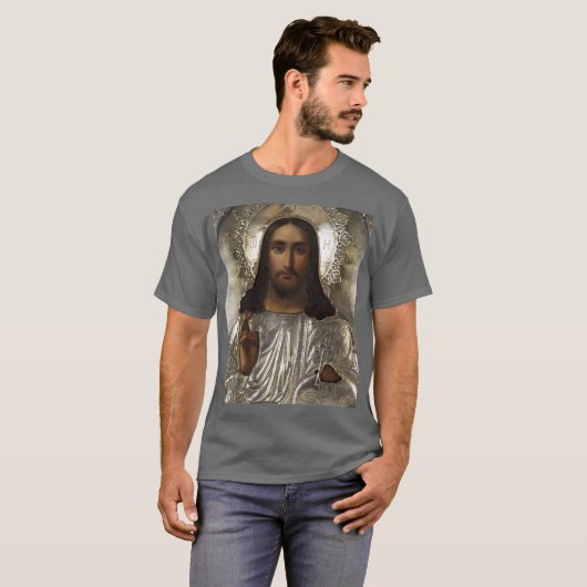 Christ Pantocrator Silver Oklad Riza Russisches Sy T-Shirt (Vorne ganz)
