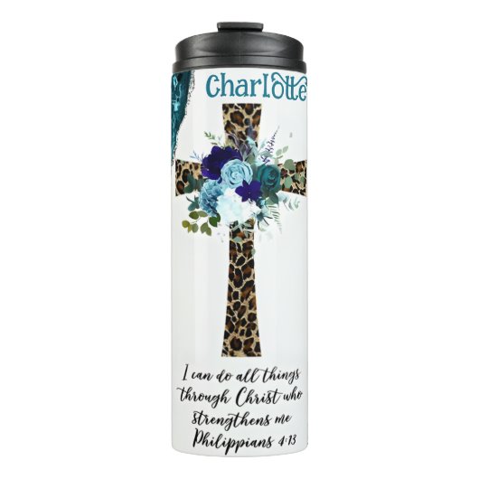 Christ Strengththens: Leopard Cross Thermosbecher (Vorderseite)