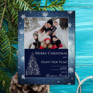 Christbaum Glitter und Schneeflocken   Blau Feiertagskarte