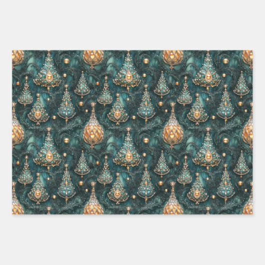 Christbaum, Rot, Grün, blau, Edelsteine, festliche Geschenkpapier Set (Vorderseite 2)