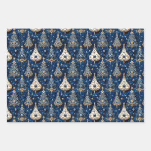 Christbaum, Rot, Grün, blau, Edelsteine, festliche Geschenkpapier Set