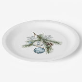 Christbaum Silberne Schneeflocken Blaue Ornamente Pappteller (Schrägansicht)