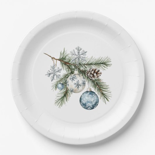 Christbaum Silberne Schneeflocken Blaue Ornamente Pappteller (Vorderseite)