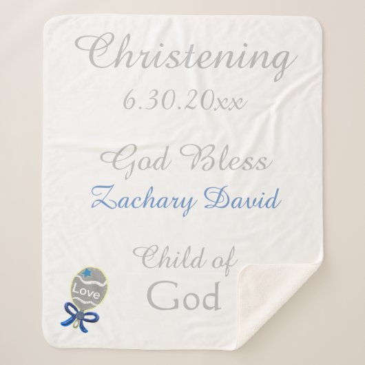 Christening Baby Boy Blue Rattle Medium Sherpadecke (Vorderseite)